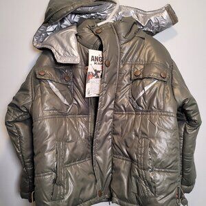 Kids' 4T "Skiing Angels" Puffer Coat - Olive Grey/Silver Lining